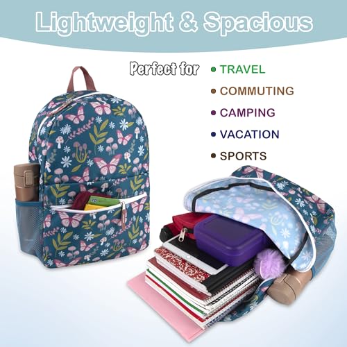 Trail maker 17 inch Backpack for Travel & Commute, Zippered Front & Mesh Side Pockets, Padded Straps - color: Butterfly Garden