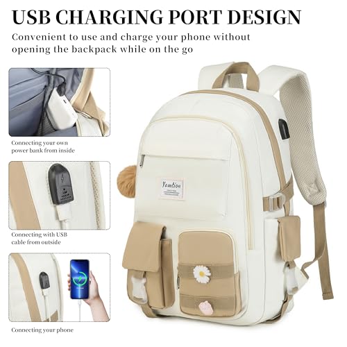 YAMTION School Backpack for Teen Girls,15.6in Laptop Backpack Kids Bookbag for Middle School College Students,Cute School Bag for Women (Khakibeige, Fits 15.6in Pc) - color: Khakibeige