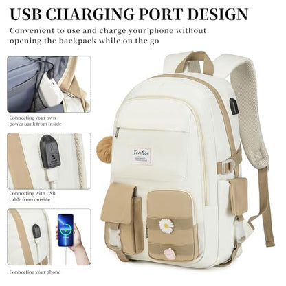 YAMTION School Backpack for Teen Girls,15.6in Laptop Backpack Kids Bookbag for Middle School College Students,Cute School Bag for Women (Khakibeige, Fits 15.6in Pc) - color: Khakibeige