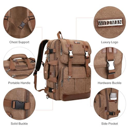 WITZMAN Canvas Travel Backpack for Men Large Laptop Backpack Fit 16 inch Carry-on Airline Approved Convertible Shoulder Rucksack(A6617-3 Brown) - color: Brown
