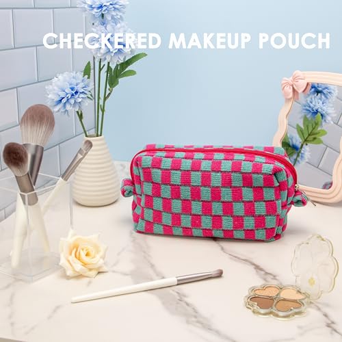 Checkered Makeup Bag for Purse, Small Travel Cosmetic Pouch,Magenta Green - color: Magenta Green