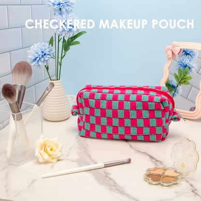 Checkered Makeup Bag for Purse, Small Travel Cosmetic Pouch,Magenta Green - color: Magenta Green
