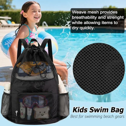 Swim Bag for Kids Mesh Beach Backpack for Boys Lightweight Drawstring Beach Bag Swimming Pool Sports Gym String Bag (Black) - color: All-Black