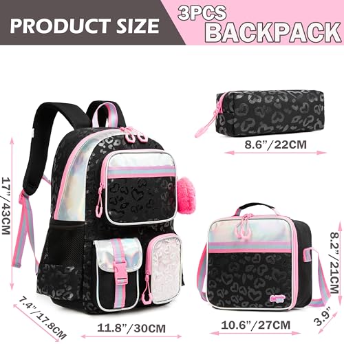 Meetbelify Aesthetic Backpack for Girls with Lunch Box - Elementary to Teen, Cute Bookbag for Kids 8-10 - color: 3pcs Black Love