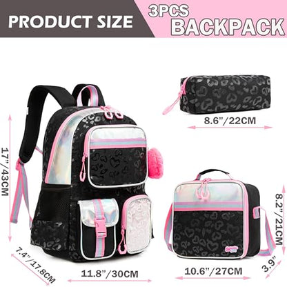 Meetbelify Aesthetic Backpack for Girls with Lunch Box - Elementary to Teen, Cute Bookbag for Kids 8-10 - color: 3pcs Black Love