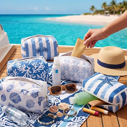 Hillban 6 Pcs Ocean Quilted Cosmetic Bags Coastal Themed Gifts Ocean Aesthetic Essential Makeup Bags Starfish Coral Seashell Beach Kit for Women Travel Vacation Accessories (Coastal) - style: Coastal