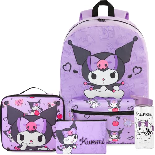 Get Trend Kuromi Girls Backpack, Lunch Bag, Pencil Case, Water Bottle | Sanrio 4 Pc Set, 18in Bookbag, Insulated Lunch Bag, Pencil Pouch & 16.9 fl oz BPA-Free Water Bottle, School, Gifts for Girls - color: Purple Kuromi