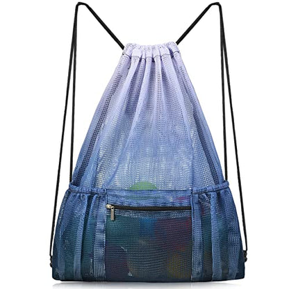 Mesh Drawstring Bag with Zipper Pocket, Beach Bag for Swimming Gear Backpack Gym Storage Bag for Adult Kids - color: Grey