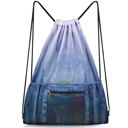 Mesh Drawstring Bag with Zipper Pocket, Beach Bag for Swimming Gear Backpack Gym Storage Bag for Adult Kids - color: Grey