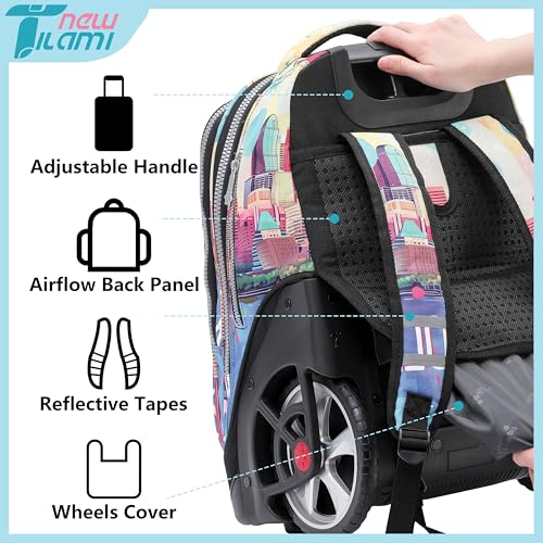 NEW TILAMI 19 inch Rolling Backpack Teens Rolling Backpack Cute Wheeled Laptop Backpack Bookbag Roller Travel Bag College, City (No USB interface) - color: Yellow City