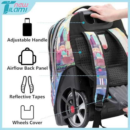 NEW TILAMI 19 inch Rolling Backpack Teens Rolling Backpack Cute Wheeled Laptop Backpack Bookbag Roller Travel Bag College, City (No USB interface) - color: Yellow City