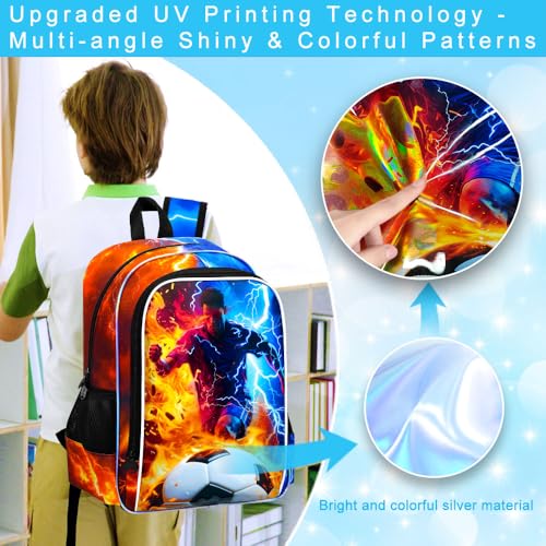 AGSDON 3PCS Boys Backpack for Boys, 17" Kids Bookbag with Lunch Box for Boy,Soccer Flame Thunder Backpacks Water Resistant and Lightweight for Teen - color: Football