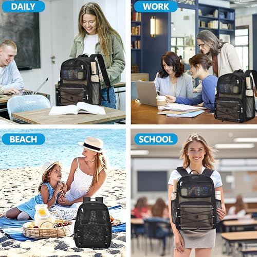 Paxiland Mesh Backpack Heavy Duty See Through Mesh Bookbag Large Backpack for Travel Swimming Outdoor Sports Beach, Black - color: Black-27l