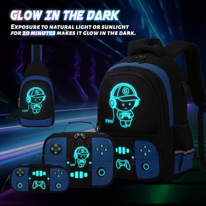 Bevalsa Backpack for School Boys, Cool Luminous Gamer Boys Schoolbag with Sling Bag,Lunch Box & Pencil Case for Kids Children Teens Elementary Middle School(Blue Backpack with Shoulder Bag) - color: Blue, style: Backpack With Shoulder Bag