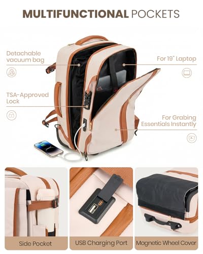 Fanwoli Rolling Vacuum Backpack Travel with One-Button Compression, Expandable Carry-On Suitcase Luggage, Approved TSA Lock & Water-Proof Laptop Compartment for Outdoor/Family/Business Trips - color: White