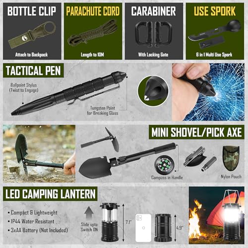 Survival Kit, 268 Pcs Emergency Survival Gear and Equipment Supplies with First Aid Kit, Camping Axe, Headlamp, Crossbody Bag for Camping Hiking, Hunting, Gift for Christmas Men, Dads, - color: Green