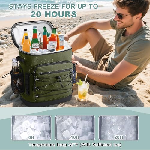 Large 52cans Cooler Backpack, Insulated, Waterproof, Leak Proof, 30L Large Capacity - color: Army Green