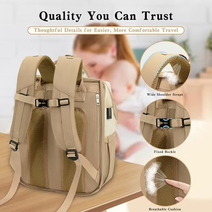 DERJUNSTAR Large Diaper Bag Backpack | Insulated Bottle Holders, USB Charging Port, Travel Design, For Mom & Dad - color: Beige/Khaki