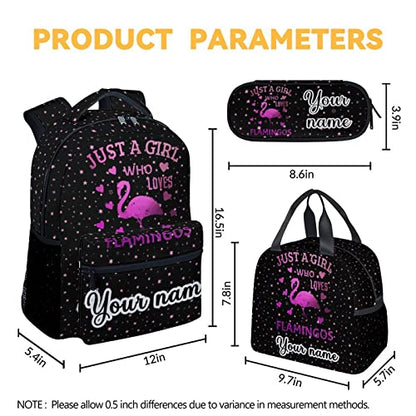 Personalized Flamingo Backpack with Lunch Box - Set of 3 School Backpacks Matching Combo - Cute Pink Bookbag and Pencil Case Bundle - color: Color-4-3