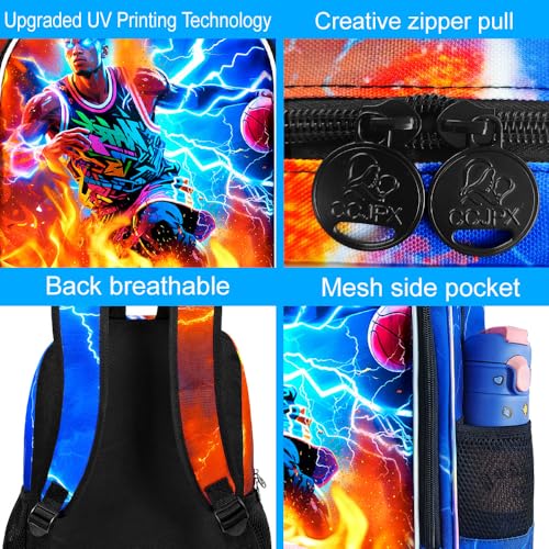AGSDON 3PCS Boys Backpack for Boys, 17" Kids Bookbag with Lunch Box for Boy,Basketball Flame Thunder Backpacks Water Resistant and Lightweight for Teen - color: Basketball 01