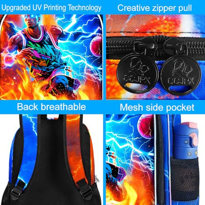 AGSDON 3PCS Boys Backpack for Boys, 17" Kids Bookbag with Lunch Box for Boy,Basketball Flame Thunder Backpacks Water Resistant and Lightweight for Teen - color: Basketball 01
