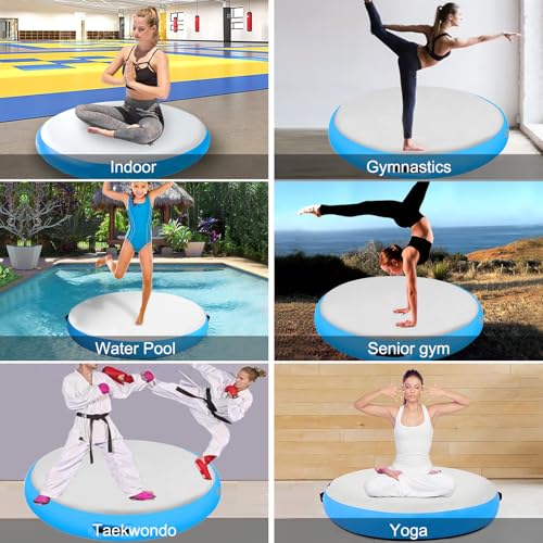 Inflatable Gymnastic Air Spot Mat Tumbling Exercise Yoga Training Mat With Pump, Inflatable Round Springboard Air Roller Gym Floor Track For Home Use/Cheerleading/Water - color: blue
