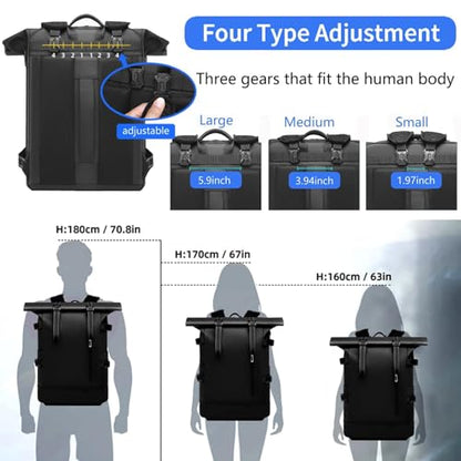Travel Roll Top Backpack with Shoe Compartment, 17 inch Laptop Compatible, for Business, Hiking, Mountaineering, Large Capacity - color: Black Upgraded Version