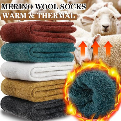 MOGGEI 5 Pairs Womens Merino Wool Socks Hiking Warm Winter Thick Thermal Crew Cozy Cabin Ladies Gift Comfy Boot Work Socks - color: White/Yellow/Green/Dark Grey/Caramel