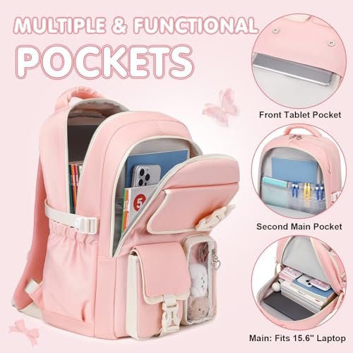 GeeWin Girls Backpack for School with Lunch Box & Pencil Case Set, 17 Inch Waterproof Cute Bow Girls Bookbag for Kids, Teens, Elementary Middle High College School Student (Pink/Beige) - color: Pink Beige