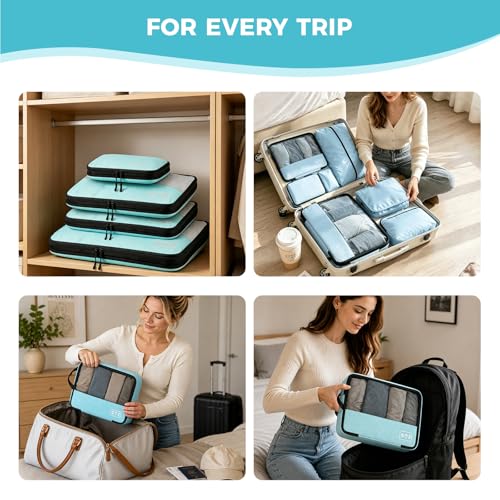Compression Packing Cubes Set, Versatile 8pc Travel Essential Packing System- Lightweight Travel Organizers for Family & Business Travel, Space Save for Backpack, Duffel & Suitcase- Blue - color: Blue--8 Set