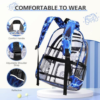 DIGOBAY 3PCS Cool Luminous Clear Backpack for Boys Kids, Gamer Clear Bookbag for School, See Through PVC Transparent Backpacks with Lunch Bag Pencil Case, Backpack Heavy Duty for School Stadium - color: Blue Lightning