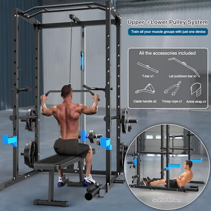 ULTRA FUEGO Power Cage, Multi-Functional Power Rack with J-Hooks, Dip Handles, Landmine Attachment and Optional Cable Pulley System for Home Gym - size: Power Cage with Pulley System and Flat Bench