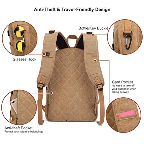 Canvas Laptop Backpack, Waterproof School Backpack With USB Charging College - color: Brown