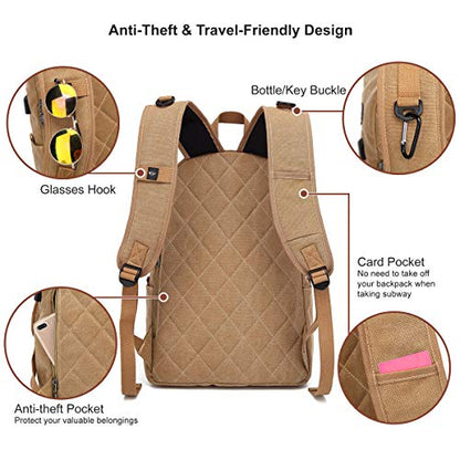 Canvas Laptop Backpack, Waterproof School Backpack With USB Charging College - color: Brown