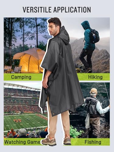 SaphiRose Extra Thick Hooded Rain Poncho Double Layer Waterproof Raincoat Jacket for Men Women Adults - color: Grey
