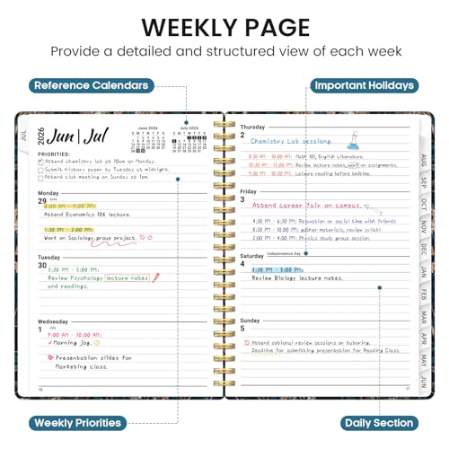 Planner 2026-2027, Academic Monthly and Weekly Calendar Planner for Women, July 2026 - June 2027, Hardcover Pretty Agenda Planner Book with Tabs, Spiral Daily Organizer for School Office Home Supplies, 6.3" x 8.5" - Royal Flowers - color: B-Royal Flowers,
