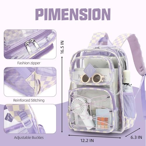 Clear Backpacks for Girls Women, Heavy Duty PVC Transparent Back Pack See Through Boys Kids Clear Bookbags for School Checkered Purple - color: Checkered Purple
