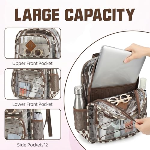 Clear Backpacks for Girls Women, Heavy Duty PVC Transparent Back Pack See Through Boys Kids Clear Bookbags for School Checkered Coffee - color: Checkered Coffee