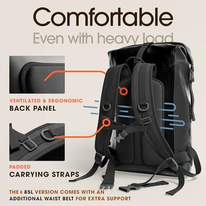 Earth Pak Waterproof Backpack - Heavy Duty Hiking Backpack - Roll-Top Closure Bag - Cushioned Dry Bag Waterproof Phone Case - color: Black, size: 85L