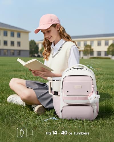 LOVEVOOK School Backpack for Teen Girl, Cute Bookbag with Large Bottle Holder, Lightweight Elementary Middle High School Student Backpack Fits 15.6 Inch Laptop, Back to Schools Kid Gift, Pink-Cream - color: Light Pink - Cream, size: 15.6 Inch