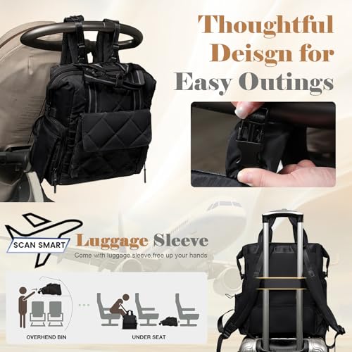 Omanmoli Diaper Bag Backpack Quilted Baby Diaper Bag Lunch Backpack Pañaleras Para Bebe for Working Moms with 11 Pouches,Large Insulated Cooler Compartment,Stroller Straps,Changing Pad,Black - color: Black