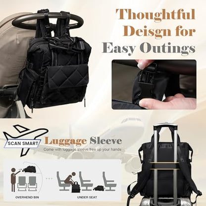 Omanmoli Diaper Bag Backpack Quilted Baby Diaper Bag Lunch Backpack Pañaleras Para Bebe for Working Moms with 11 Pouches,Large Insulated Cooler Compartment,Stroller Straps,Changing Pad,Black - color: Black