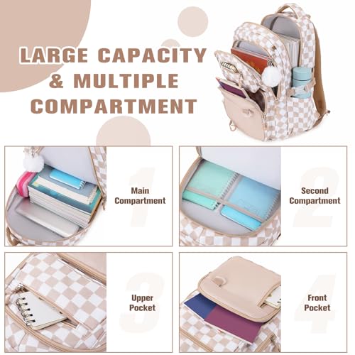 Bevalsa Backpack for Girls 3PCS Teen Girls Backpack for School with Lunch Bag Pencil Case Khaki Cute Kids Laptop Backpacks Bookbag for Elementary Middle High School College Student (Checkerboard) - color: Khaki Checkerboard