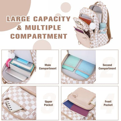 Bevalsa Backpack for Girls 3PCS Teen Girls Backpack for School with Lunch Bag Pencil Case Khaki Cute Kids Laptop Backpacks Bookbag for Elementary Middle High School College Student (Checkerboard) - color: Khaki Checkerboard