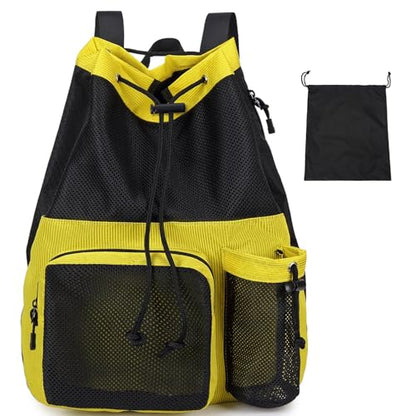 Lohol Large Mesh Drawstring Backpack with Shoe Bag, Durable Swimming String Sack with Handle for Sports Gym Yoga Beach Travel - color: Yellow