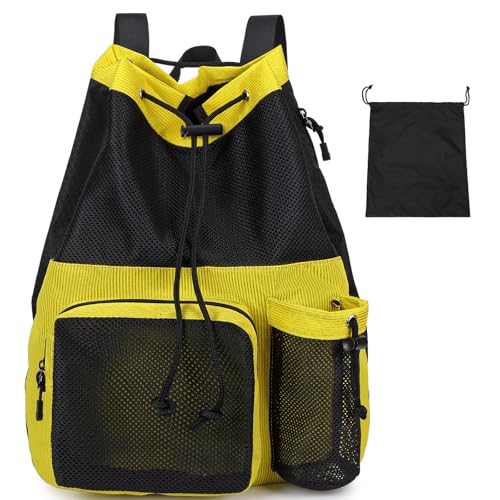 Lohol Large Mesh Drawstring Backpack with Shoe Bag, Durable Swimming String Sack with Handle for Sports Gym Yoga Beach Travel - color: Yellow