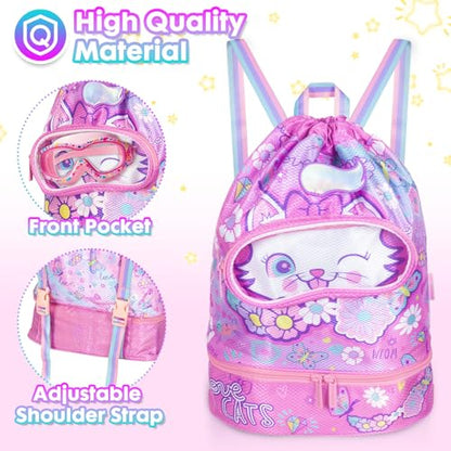 Drawstring Backpack for Kids Girls, Cute Cartoon Cat Waterproof Drawstring Bag String Swim Gym Sports Beach Bag with Shoes & Sunglasses Compartment and Wet Proof Pocket - color: J12. Cat