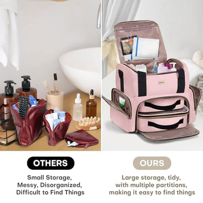 BAFAMYE Large Makeup Cosmetic Bag with 2 Removable Case, Double Layer Travel Makeup Organizer Case, travel Toiletry Bag For Women, Pink - color: Pink