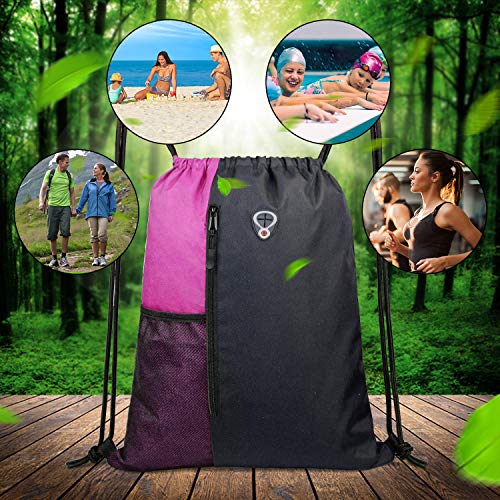 BeeGreen Sports Bag Drawstring Backpack With Water Bottle Pocket &Front Zippered Pocket Large String Bag Pack For Men Women - color: Black/Pink, style: Drawstring With Mesh Pocket