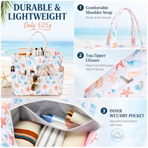 LEDAOU Beach Bag Waterproof Sandproof Women Beach Tote Pool Bag with Zipper for Swim Gym Grocery Travel with Wet Pocket | Sandproof - color: Starfish Shell
